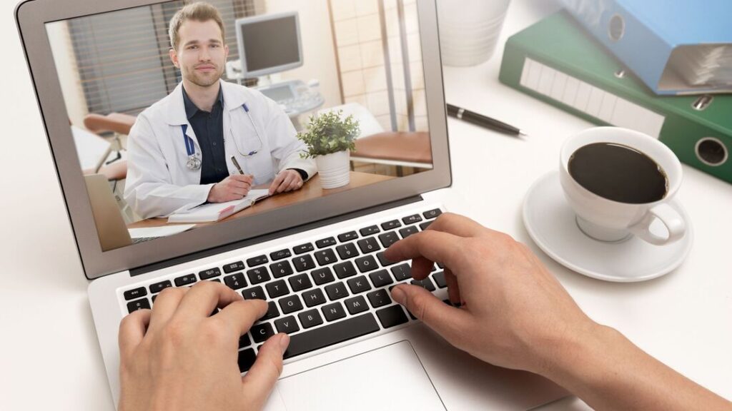 A person in Modesto talking to an online psychiatrist via video call.