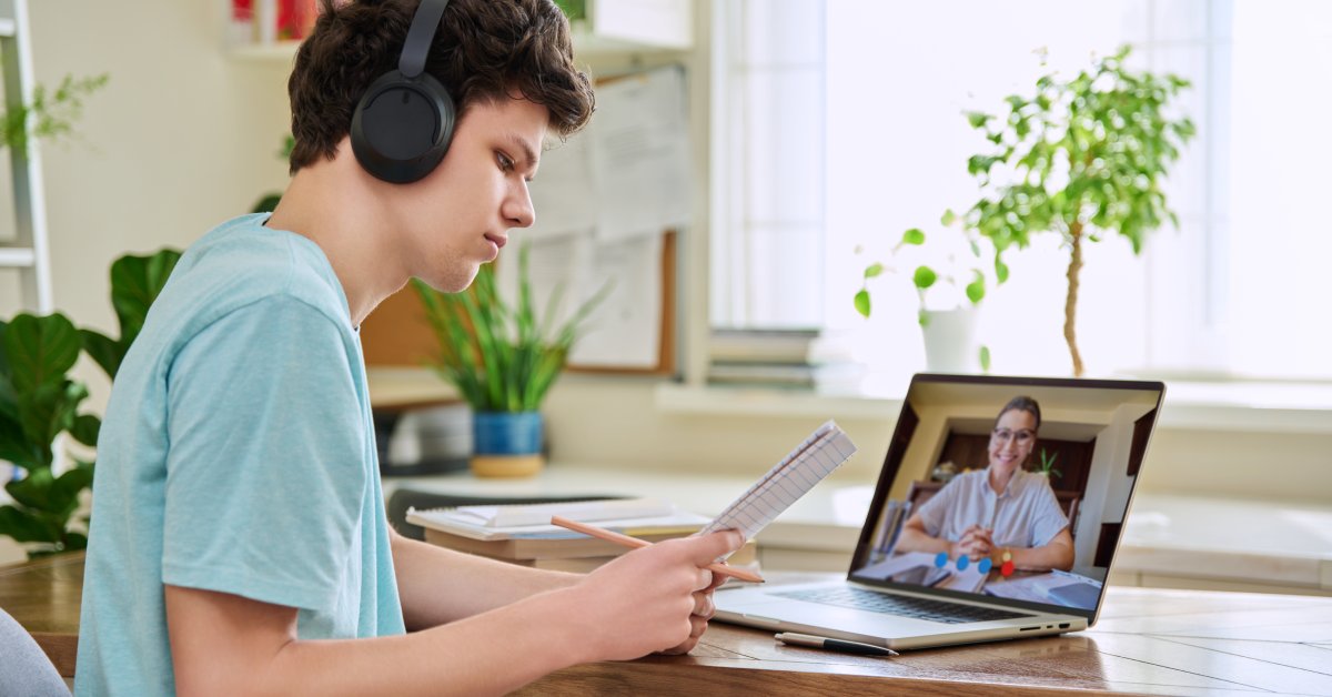 Patient in California having a telepsychiatry session on a laptop from home