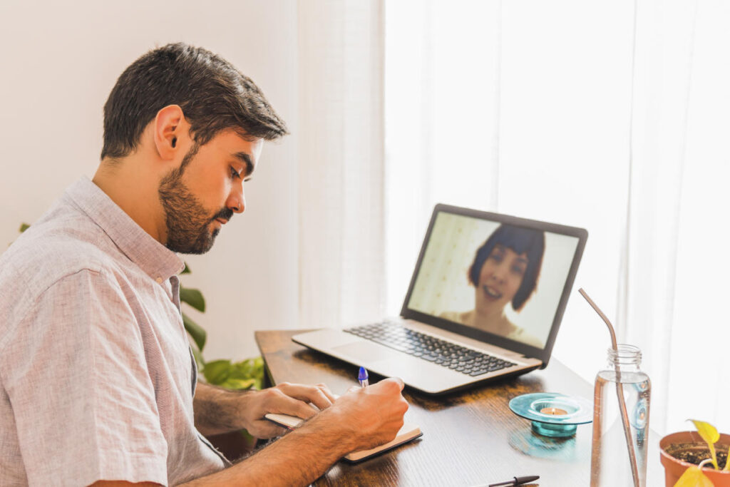 Patient in California on a secure video call with an online psychiatrist using Anthem Blue Cross coverage.