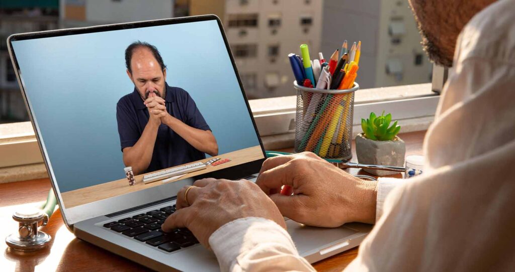 A person in California talking with a psychiatrist online under Magellan insurance coverage.