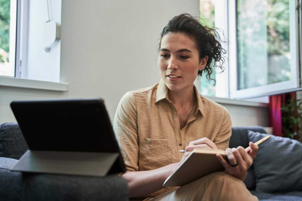 Woman receiving virtual therapy for obsessive thoughts in California